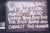 black suitcase with white lettering cautioning ALL “TO check your bags, they all look-alike