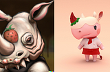 Two images of the ACNH character, “Merengue the Rhino”. One is scary version generated by an AI, the other is a cute picture of the character from in game.