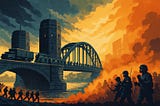 An AI generated illustration: the main image is American troops crossing the bridge at Remagen in 1943, in the bottom right corner men in riot gear walk through smoke and fire.