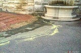 A river of yellow pollen flows down a sidewalk