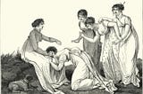 Fig. 29: D. Bosio, “La main chaude (The hot hand)”, c. 1817. A black-and-white French print of five Regency era English ladies having a group conniption, probably over something silly :). One lady is crying (or possibly vomiting) into another’s lap while the other three look on in distress. The lap dog is unimpressed.