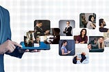 Pictures of professionals connected to the screen of a mobile device.