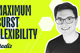 Bright yellow background with hexagonal patterns featuring a smiling person in glasses and text that reads ‘Maximum Burst Flexibility’ alongside the Redis logo, emphasizing Redis’s scalability and performance benefits.