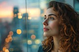 A young woman with curly hair stands by the window, lost in thought.