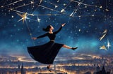 Lady dancing on a high tightrope above a city looking like fragmented shards of light; above in the sky is a starry constellation universe.