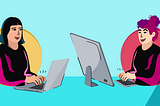 A imagem contem uma ilustração onde duas mulheres estão em frente ao seus respectivos computadores