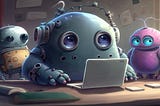 A group of three cute, cartoon-like robots are gathered around a laptop in a cozy, softly lit room. The central robot is large, round, and blue with big expressive eyes and headphones, focused intently on the laptop. On the left, a smaller robot with a boxy orange torso and wires stands attentively. On the right, a pink and purple robot with antennae watches curiously. The scene includes a notebook, a pen, and two smartphones on the desk, giving a whimsical yet studious vibe.