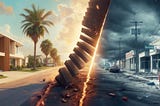 An image of an idyllic sunny southern suburb on the left, and a stormy disaster aftermath on the right. A stack of crashing dominoes separates the two sides o the image. A devastated family holds eachother on the right.
