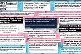 a collage of headlines (most described in the article) about claims accusing trans and LGBTQ+ people of “grooming” children. they are set against a Trans Pride flag