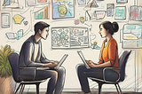 An image showing a man and a woman on opposite chairs engaging in a discussion.