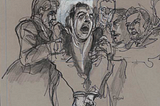 Joseph Papin. [David Berkowitz screams obscenities as guards struggle to drag him from courtroom], May 22, 1978. Porous point pen, blue ink, and opaque white on gray paper. Published on front cover of New York Daily News, May 23, 1978. Prints and Photographs Division, Library of Congress (027.00.00)
 LC-DIG-ppmsca-51598
 Gift of Jane Papin