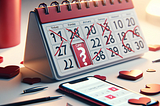 A calendar with several crossed-out dates and a question mark on a specific day, representing the uncertainty of meeting in online dating.