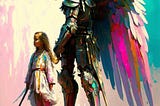 A colourful artistic rendering of an angel/knight standing behind a fierce little girl who is holding a sword and looks determined.