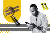 a custom white and yellow illustration witha guy typing on his phone and magnifier glass looking at scrabble