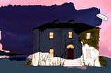 An illustration of a house covered in ivy, at sunset, is being erased to reveal the same house at nighttime, the windows lit.