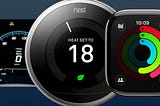 Caption: Three modern glanceable interfaces — the Hyundai Ioniq 5 digital speedometer, Google Nest Learning Thermostat, and Apple Fitness Activity Rings — each demonstrate how color, motion, and form can communicate meaning instantly through preattentive visual processing. Alt Text: Composite image showing three digital interfaces: the Hyundai Ioniq 5 dashboard speedometer on the left with a radial gauge and pointer, the circular Google Nest thermostat in the center displaying “HEAT SET TO 18,”