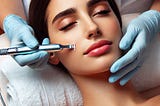 Beautiful woman receiving electrolysis treatment to right cheek. Tip of electrolysis tool inaccurately portrayed much too wide by CoPilot AI.