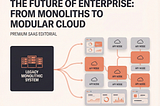 Illustration of legacy monolithic system transitioning into modular hybrid cloud architecture with API layers and enterprise UI dashboards.