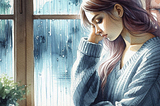 A sad woman standing in front of a window. It’s raining outside.