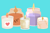 cartoon drawing of 5 different decorative candles