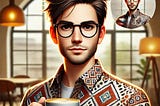The avatar depicts a young man with short dark hair, glasses, and a light beard, wearing a patterned shirt featuring a unique design. He is holding a cup of coffee in one hand. The background is a warm and cozy indoor setting, resembling a modern interior space, highlighting the distinctive pattern on his shirt.