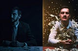 the image is divided into two parts, on the left is a business man with cash raining on him, he is happy. On the right, a gambler is sitting in the dark and is sad.