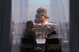 Two women chatting uniterrupted by the big explosion nearby. Inspired by Beirut explosion. Digital painting by Alhyari Art.