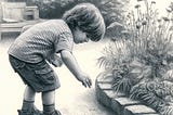 Young child about to pick up a “treasure” from the garden path while being distracted by the hunt