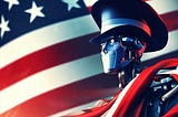 Brave robot standing by the American flag.