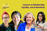 yellow background with photos of four women: from left to right: Sue Black, Radia Perlman, Telle Whitney, Ali Guarneros Luna.