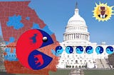 Divided Government is back. A PacMan divided government icon consumes Democratic One Party Rule in front of the Capitol while Dark Brandon looks on.