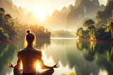 A person meditating by a calm lake at sunrise, surrounded by lush greenery and mountains in the background. The scene should evoke a sense of peace