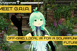 Futurespore hero graphic showing a lush garden patio background with an anime-style mint-haired character waving, overlaid text reading “Meet G.A.I.A.” and “Off-grid, local AI for a solarpunk future.”