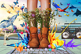 A woman in leather boots with wildflowers bursting forth stands atop a skyscraper. A path leads off into the cityscape. Origami cranes, dragons, and stars sit at a puddle of paint colours splashing about. Wooden figures act out and figurines dance to a boombox playing music. Wild animals fly out of a book into the sunlit skies.