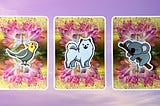 Three oracle pick a card piles: pile 1 — bird, pile 2 — dog, and pile 3 — koala