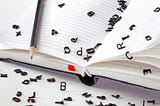 black letters spilling out of notebook, image from DepositPhoto