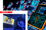Technology background with a personal computer which has a background of a cartoon character pulling a fedora over its face saying hustle.