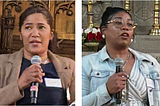 Photos of Sugey Reyes and Simel Rodriguez speaking at the meeting