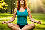 A red-haired woman sitting and meditating on grass with sun pouring in behind her.