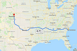 A map of the route I took to drive across the country