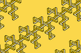 Shapes intertwine against a yellow background, making a geometric pattern