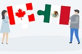 Animated drawing of a man and a women holding Mexican and Canadian flags in a puzzle piece form.