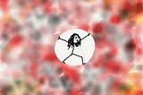 Fuzzy speckles of red, black, and yellow, with a circular cutout in the center, and stick figure Amy pushing against its edits, with an angry, resistant face.