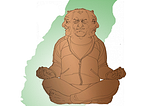 A three-faced meditator sits above a yin-yang symbol comprised of the flags of America and China backed by a silhouette of Taiwan. A play on the multi-faced Buddha statues found around the world, the three faces show looks of joy, serenity and fear.