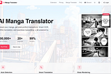 AI Manga Translator landing page displaying pixel-perfect text rendering and automatic background-preserving inpainting for raw manga scans.