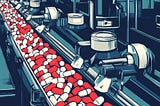 Red and white capsules of medicine roll along a factory assembly line.