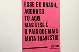Lambe rosa, colado numa parede branca, com versos de Mc Xuxu “esse é o brasil, agora eu tô aqui mas esse é o país que mais mata travestis”