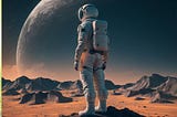 an astronaut looks out over an alien planet