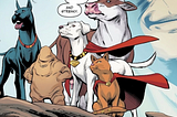 image from Supersons omnibus. Features the league of superpets. Ace the bathound, the clay critter, krypto the dog, batcow, streaky super cat