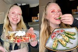 Side-by-side photos featuring the author eating healthy snacks.